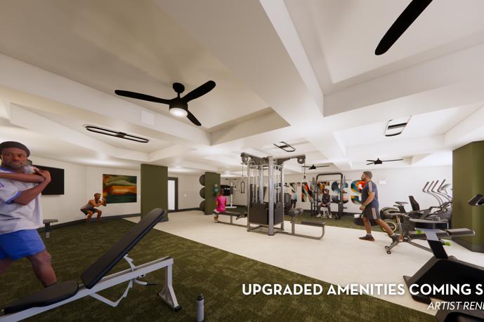 Indoor fitness center with various exercise equipment and weights, plank flooring, and ceiling lights and fans